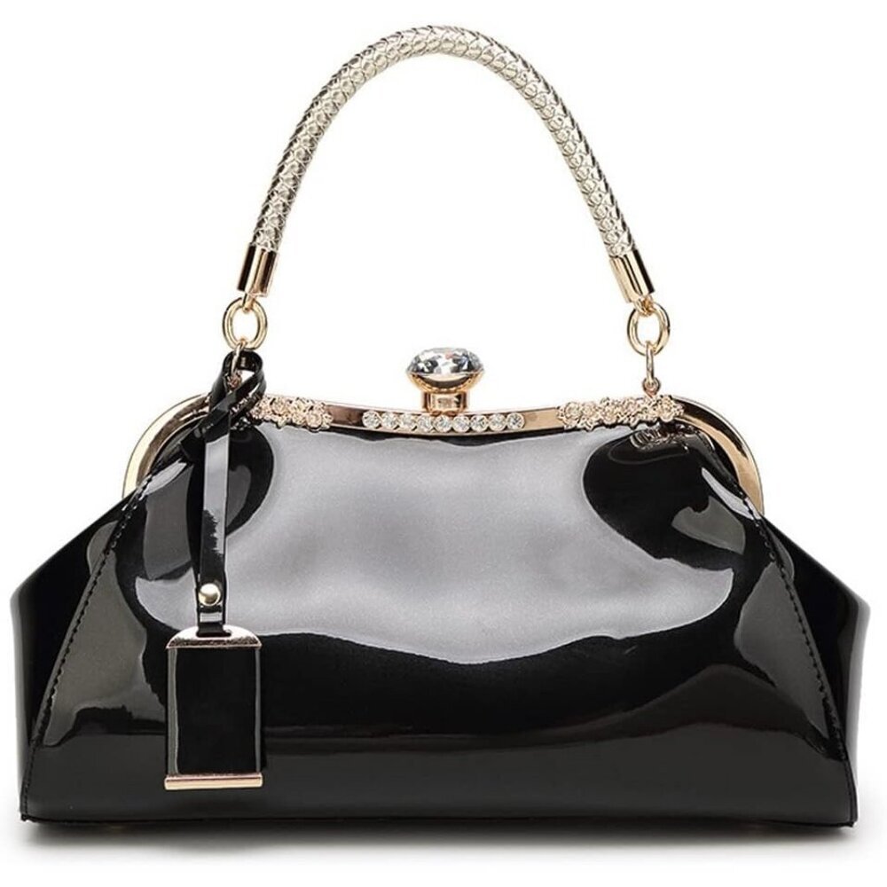 Women's Black Faux Leather Glossy Top Handle Evening Retro Easy Durable Tote Bag